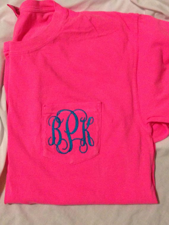 Neon Pink Comfort Colors Monogrammed Pocketed Tee Monogrammed Etsy