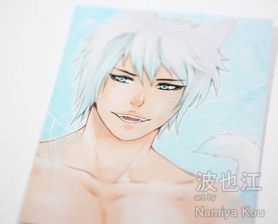 Bishie Atc Print Cute And Handsome Catboy Smiling Manga Boy Sexy Kemonomimi Nekomimi Pale Pastel Blue Artwork Anime Aceo Print