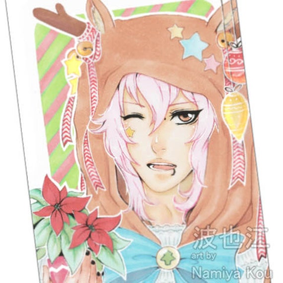 Atc Impression Oeuvre Garçon Kawaii Manga Mignon Noël Pastel Dessin Xmas Glitter Vacances Decora Kei Scène Style Aceo Carte Mini Print