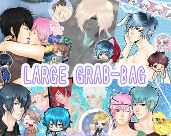 LARGE MYSTERY BAG, Manga Anime Merch Charms Prints Stickers Pins Memopads, Yaoi Boys Love Bishie Drawings, Chibi Aceo suprise grab bag