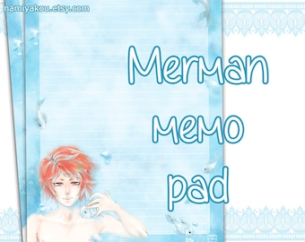 Mermaid MEMO PAD, Manga Notepad, Blue Notes and Stationery, Anime Boy Drawing Merman Mermay Notebook Cute Japanese Stationery Back to School