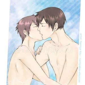 Yaoi Manga PRINT, Digital Boys Love Anime Drawing Poster, Handsome BL Bishounen Shounen Ai Illustration, Kissing Boys LGBTQ Art Print