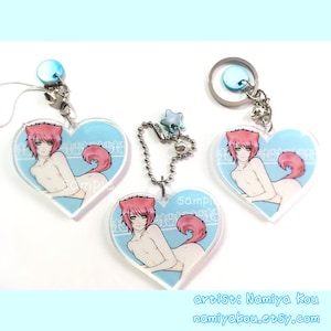 Cute Catboy Heart CHARM, Bishounen Manga Phone Strap, Original Artwork, Pastel Manga Keychain, Cat Neko Boy, 2&quot; Acrylic Charm