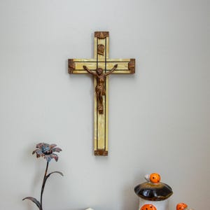 Vintage Large Art Deco Catholic Crucifix - Mother of Pearl and Spelter Metal Cross Wall Hanging