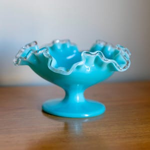 Vintage Fenton Turquoise Blue Milk Glass Ruffled Clear Edged Candy Dish