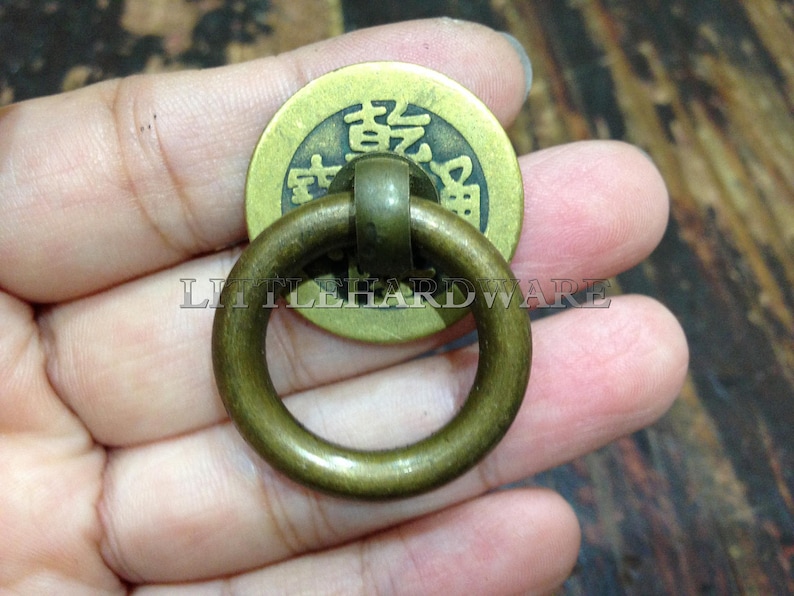 4Pcs Brass ring pulls,Chinese antique coin base drawer pulls Ring Pulls Cabinet Knob Pull Handles Vintage Furniture Knobs Handle DP0471