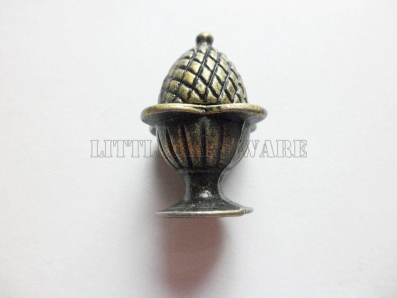 May include: A bronze-toned metal cabinet knob shaped like an acorn resting in a small pedestal cup. The top portion features a cross-hatched texture, while the base has vertical fluting. The text LITTLE HARDWARE is visible in the background.