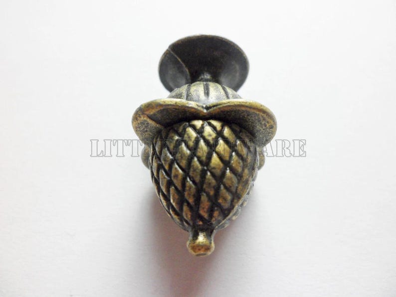May include: A metal cabinet knob shaped like an acorn with an antique brass finish. The knob features a textured, cross-hatched pattern on the nut and a smooth, rounded cap. The text "LITTLE HARDWARE" is visible in the background behind the knob.