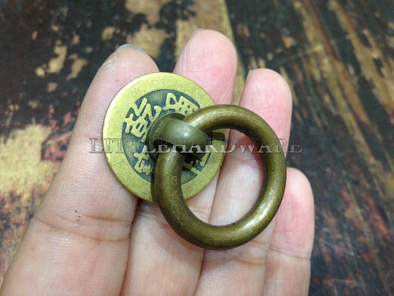 4Pcs Brass ring pulls,Chinese antique coin base drawer pulls Ring Pulls Cabinet Knob Pull Handles Vintage Furniture Knobs Handle DP0471