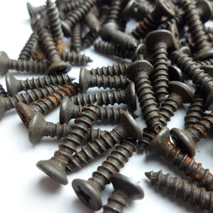 May include: A pile of black screws with a rusty finish. The screws are scattered on a white surface.