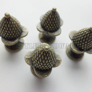 May include: Four antique brass-toned metal knobs shaped like acorns with a textured, cross-hatched pattern on the cap and a smooth base. The text LITTLEHARDWARE is visible in the center of the arrangement of these four individual hardware pieces.
