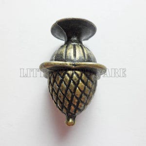 May include: A metallic acorn-shaped cabinet knob with an antique brass finish. The knob features a textured, cross-hatched pattern on the lower section and a smooth, rounded cap. The text LITTLE HARDWARE is visible across the center of the object.