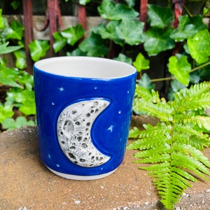 Ceramic Crescent Moon & Stars Drinkware White + Blue Utensil Cup Paintbrush Pencil Holder, Ceramic Witchcraft Decor Altar Tools Organizer