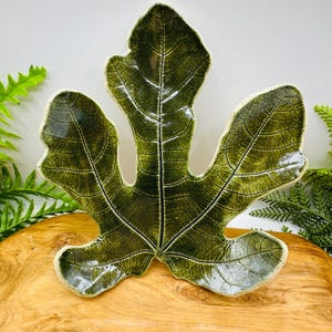 May include: A ceramic dish shaped like a large, five-lobed fig leaf. The surface features a glossy, dark olive green glaze with a detailed, dark brown crackle pattern that highlights the intricate veins and texture of the leaf structure.