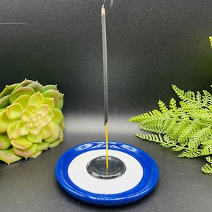 White + Blue Evil Eye Incense Holder, Cone and Stick Incense Burner, Handmade Ceramic Crystal Dish, Ritual Altar Tools Witchcraft Meditation