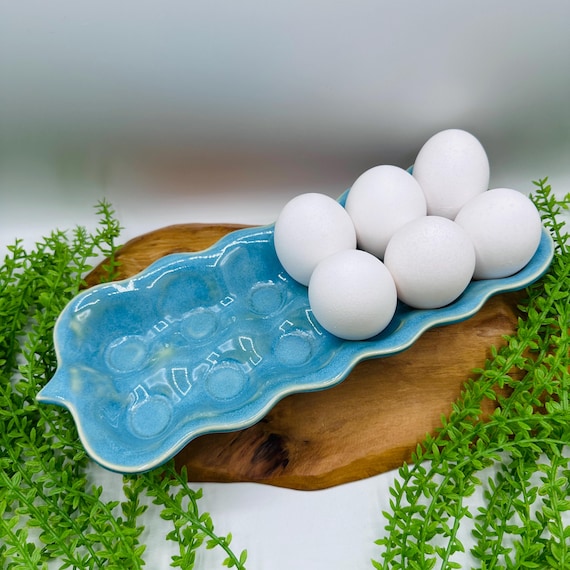Light Blue Ceramic Egg Storage Tray: Backyard Chickens Kitchen Decor