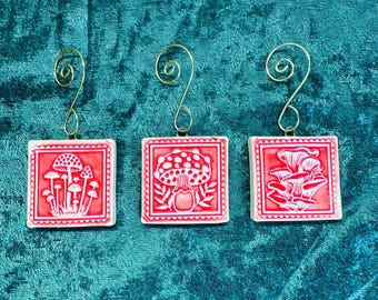 Ceramic Mushroom Ornaments: Set of 3 Red and White with Gold Hooks