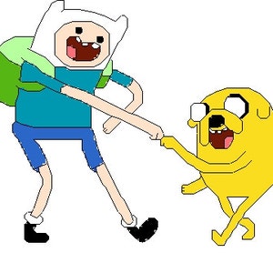 May include: A cartoon illustration of Finn the Human and Jake the Dog from the animated television series Adventure Time. Finn is wearing a blue shirt, green backpack, and white hat. Jake is a yellow dog with a big smile. They are both holding hands and walking together.