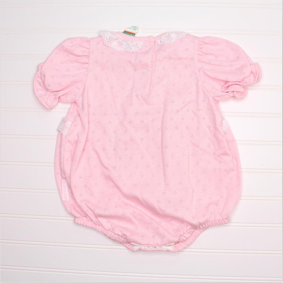 Vintage baby romper. Pink with white lace trim, H… - image 3