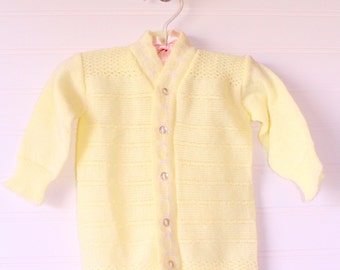 Vintage baby sweater, yellow knit with five buttons, size 0-3 months