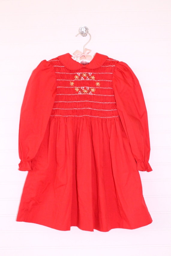 Vintage Christmas girls dress. Red smocked long sl