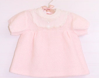 Vintage baby sweater, pink knit with 2 pearly buttons and lace detailing on chest, Mayfair size about 3-6 months