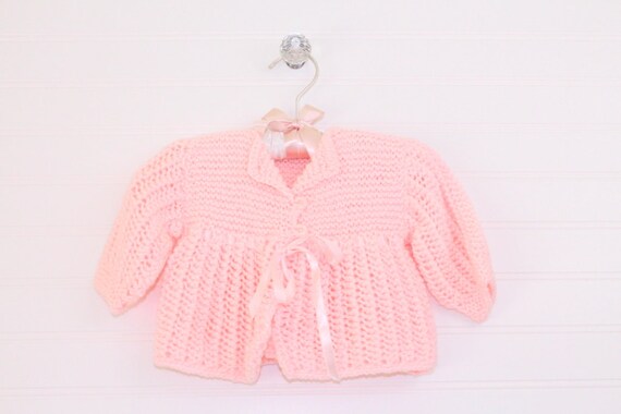 Vintage baby sweater, pink knit with 2 pearly but… - image 1
