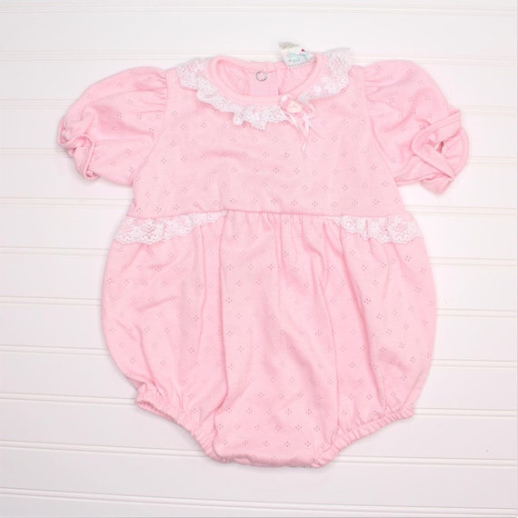 Vintage baby romper. Pink with white lace trim, H… - image 1