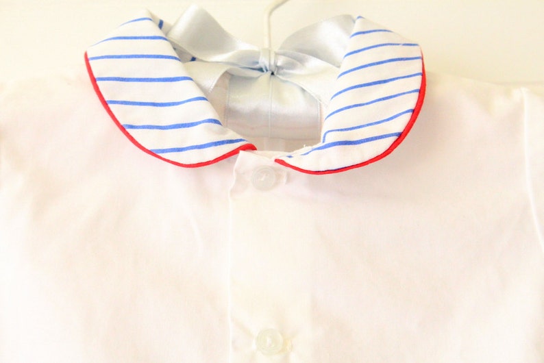 Vintage baby boy outfit White button up shirt with blue striped sleeves and collar and red shorts No name sz 12 Mo
