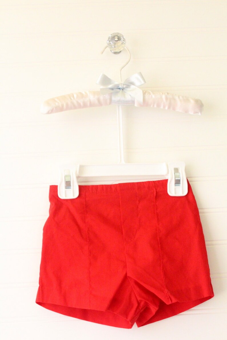 Vintage baby boy outfit White button up shirt with blue striped sleeves and collar and red shorts No name sz 12 Mo