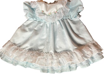 Vintage baby dress. Baby blue polka-dot dress ruffles and lace trim. Hugs and Kisses sz 18 months.