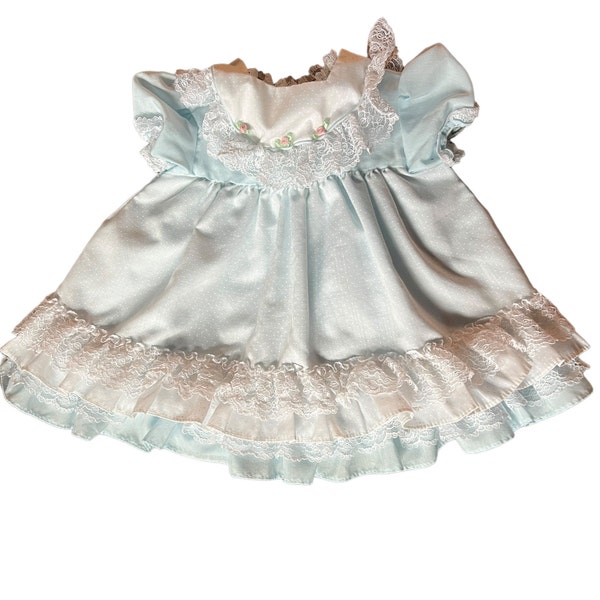 Vintage baby dress. Baby blue polka-dot dress ruffles and lace trim. Hugs and Kisses sz 18 months.