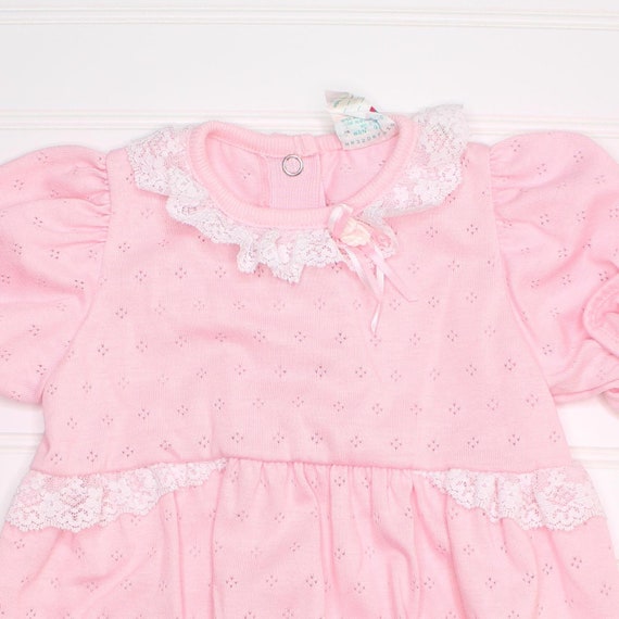 Vintage baby romper. Pink with white lace trim, H… - image 2