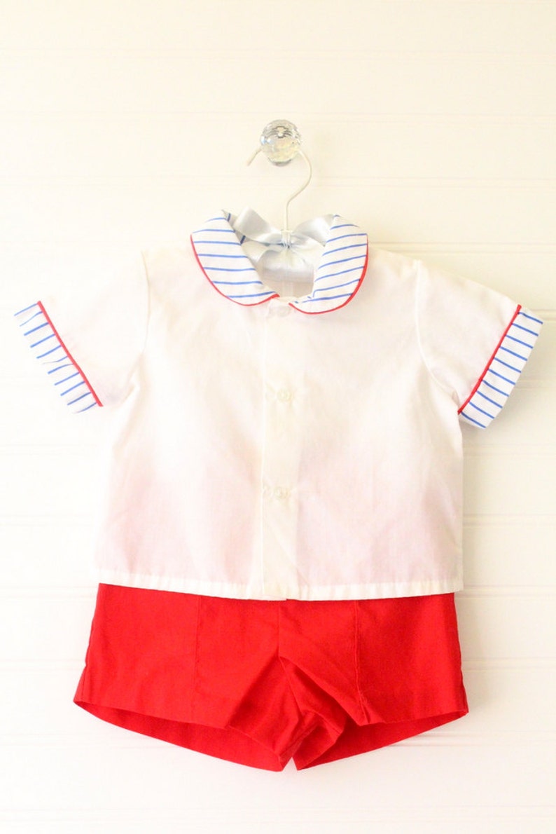 Vintage baby boy outfit White button up shirt with blue striped sleeves and collar and red shorts No name sz 12 Mo
