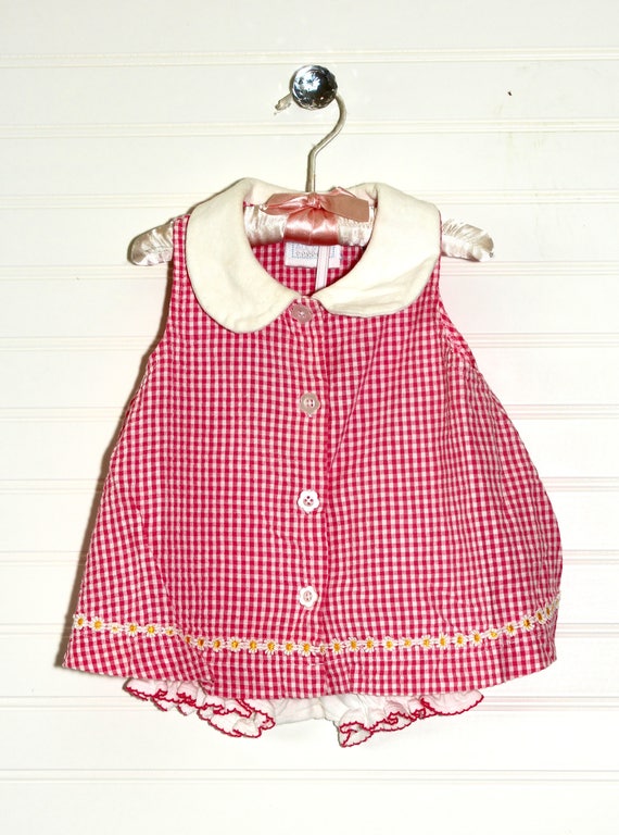 Vintage girls dress pink and white gingham with fl