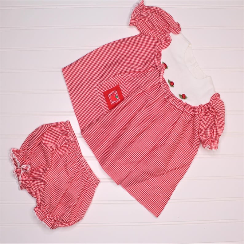 Vintage baby dress Red gingham with flower detailing Alexis sz 6 mo WITH bloomers