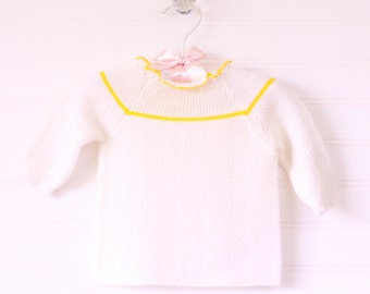 Vintage baby sweater shirt, cream knit with yellow trim around the neck, size 0-3 months