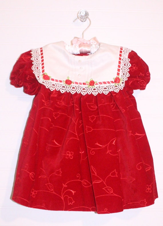 Vintage baby dress, red velvet with white satin co