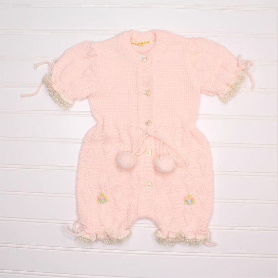 Vintage baby romper. Pink knit with white lace tri