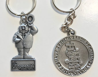 Two Pewter Key Chains vintage Reno Nevada. Silver Legacy and Fitzgerald's