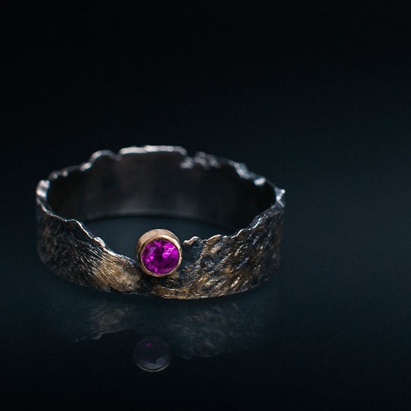 Silver Wedding Ring, Personalized Band, Oxidized, Gold Plated, Genuine Ruby, Raw Textured Surface, Stone, Unique wedding, Bride, Groom