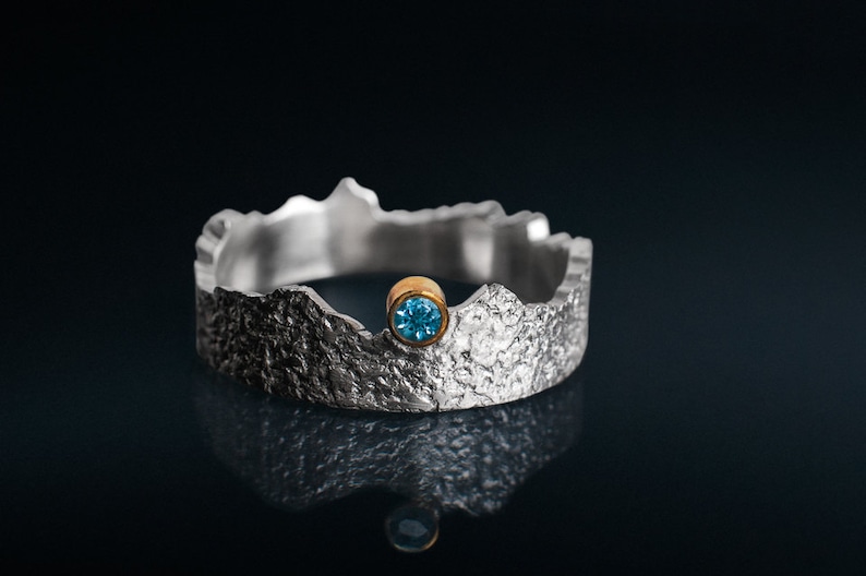 Raw Ring Unique Wedding Band Silver Wedding Band Blue Topaz Rough Ring, Textures Sterling Silver Wedding Ring