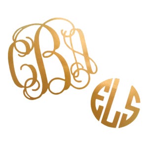 May include: Gold-colored monogram decals in two styles. One features three intertwined letters, while the other is a circular design with three separate letters. Both are set against a white background. These decals are suitable for personalizing items.