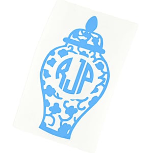 May include: A light blue vinyl decal of a Chinese ginger jar with a white monogram in the center. The jar has a floral pattern.