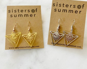 Gold Tone All-Seeing-Eye Drop Earrings