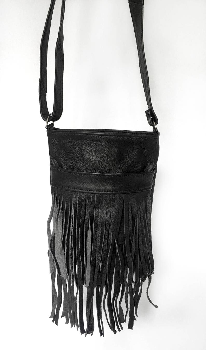 Genuine Black Leather Fringe Purse Bag Crossbody