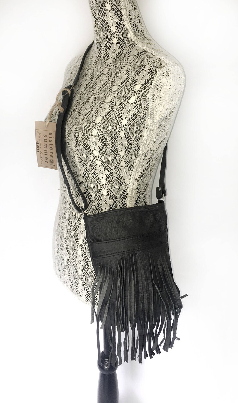 Genuine Black Leather Fringe Purse Bag Crossbody
