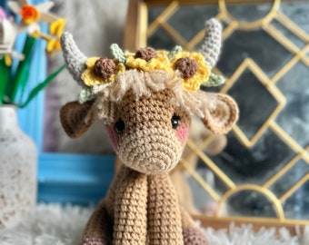 Highland Cow Plush - Crochet plush cow - Sunflower Baby Shower Gift - Nursery Devor - Free Shipping