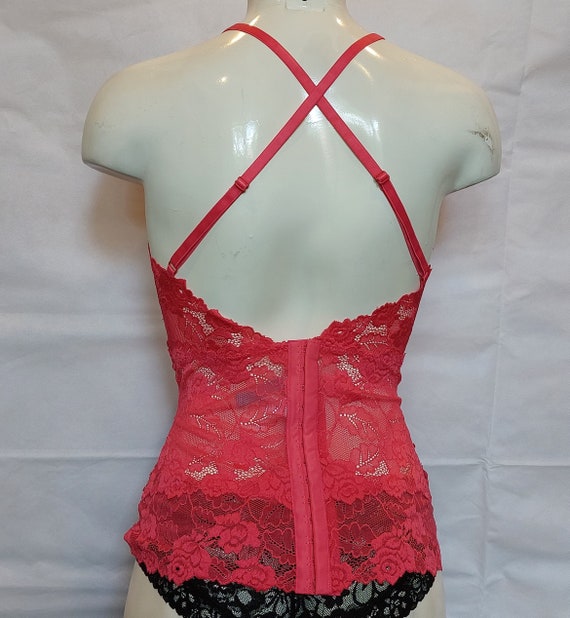 Beaded lace cami tank top in dark pink coral colo… - image 4