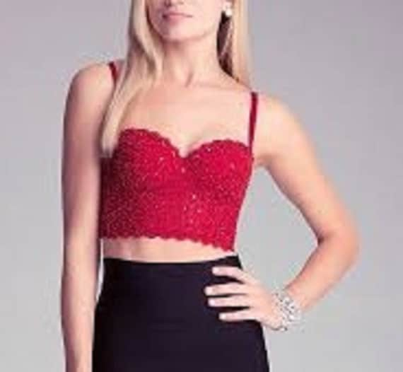 Hand Beaded Half Bustier Crop Top Brallette Corset Longline Padded Bra in  Christmas Red Color. 